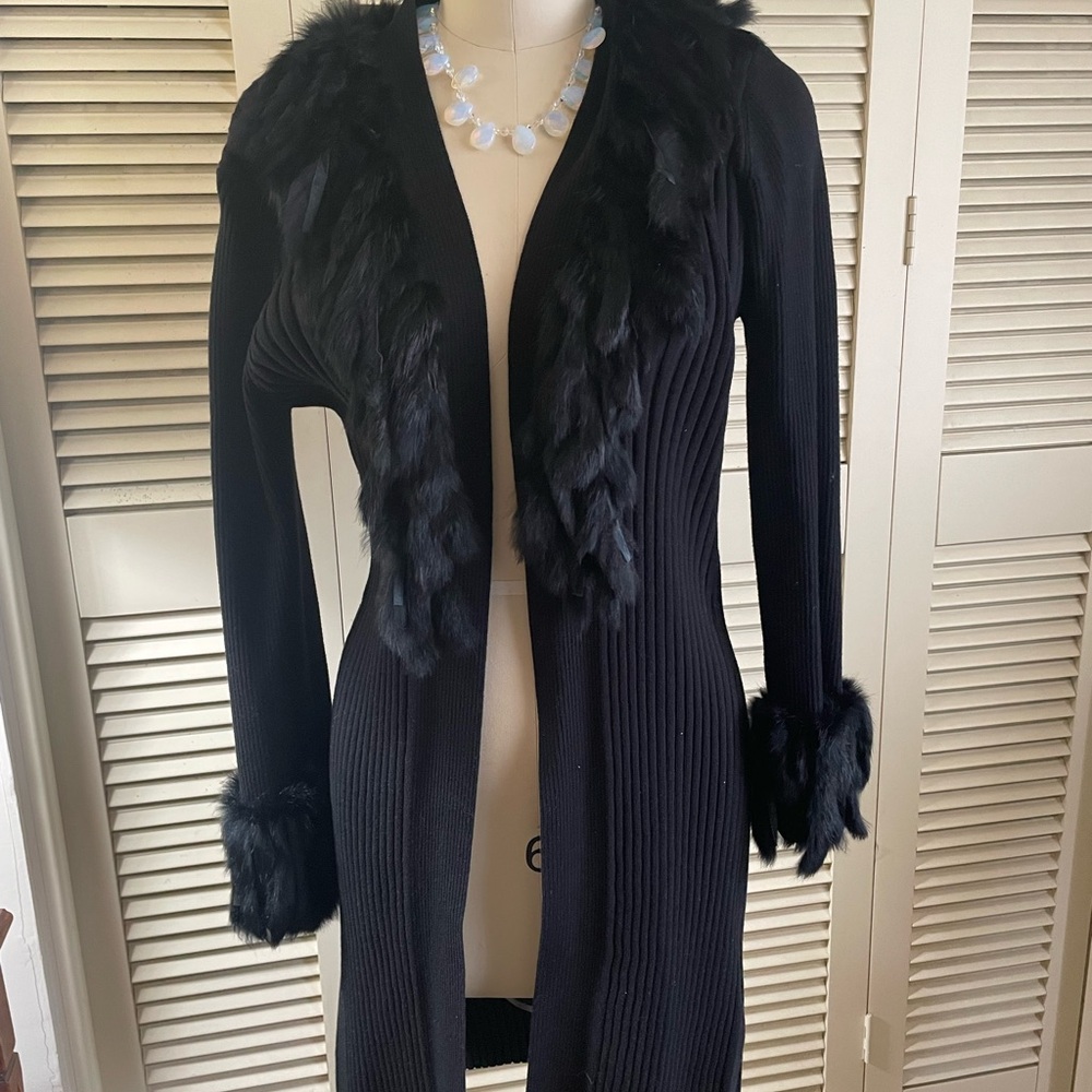 Black Long Cardigan with Fur Trim by Christine Phillipe size large